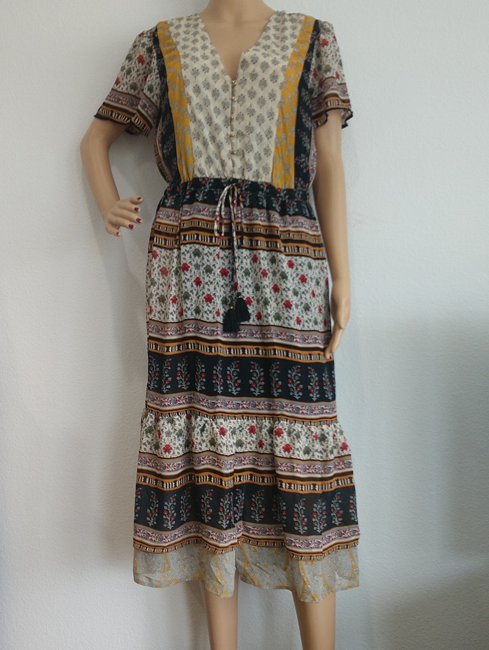 AnthropologieMixed Floral Tiered Midi Dress Black and Cream with Mustard Trim